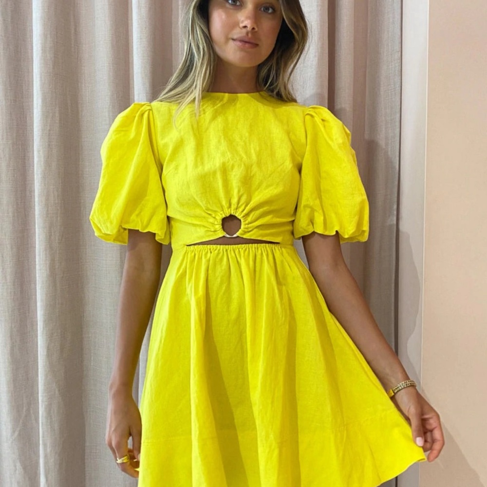 By Nicola Dahlia Ring Detail Mini Dress Canary Yellow Size S